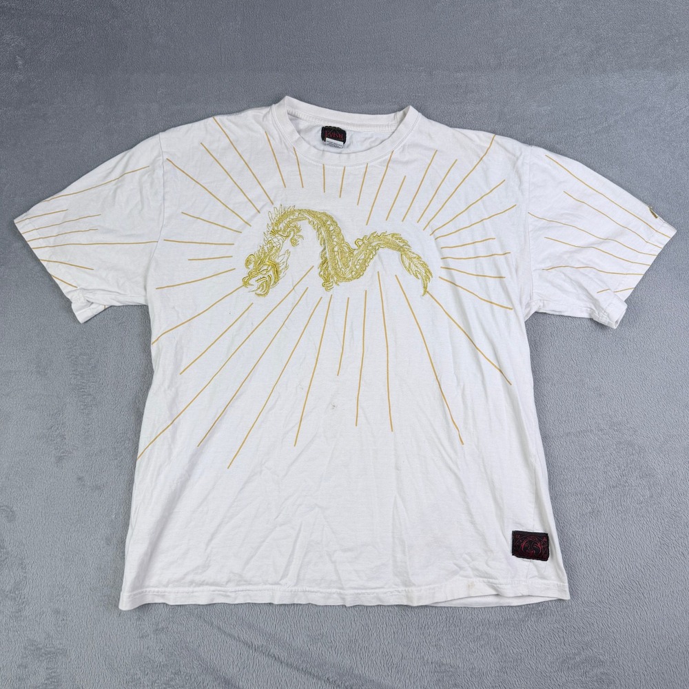 Evisu Mens XL White Gold Embroidered Dragon Sunburst Graphic T-Shirt